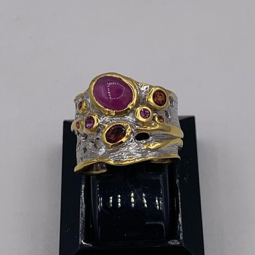 Ring, NWOT, solid 925 sterling silver, 22 K gold, orange sapphires and rubies,